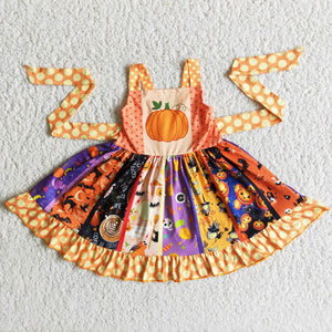 Promotional Orange Polka Dots Patchwork Girls Halloween Dress