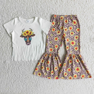 Promotional Cow Sunflower Tassels Girls Short Sleeve+Trousers Sets