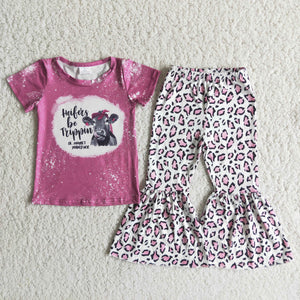 Promotional Heifer Leopard Print Hot Pink Girls Short Sleeve+Trousers Sets