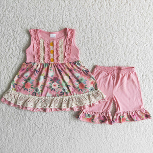 Promotional Floral Pink Lace Girls Shorts Sets