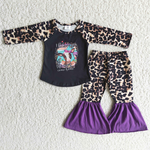 Promotional Cow Purple Leoaprd Print Girls Long Sleeve+Trousers Sets