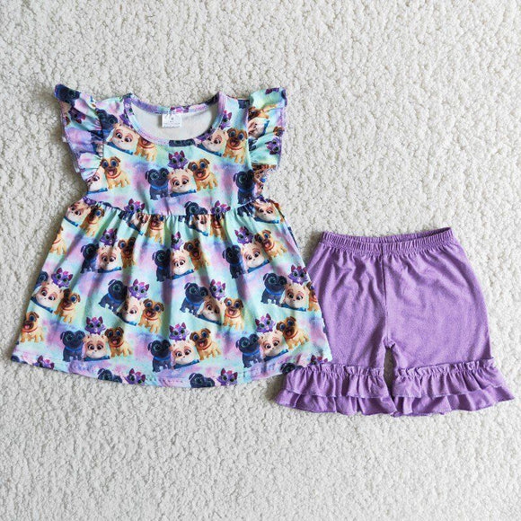 Cartoon Dogs Purple Girls Shorts Sets