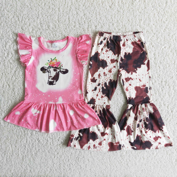 Promotional Pink Cow Girls Short Sleeve+Trousers Sets