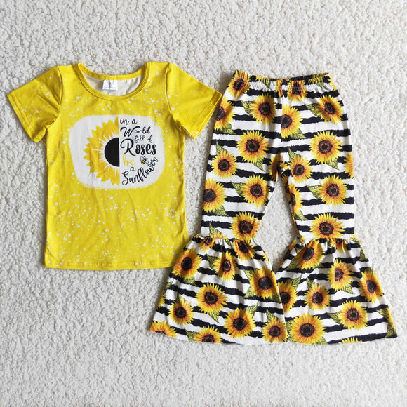 Promotional Sunflower Yellow Stripes Girls Short Sleeve+Trousers Sets