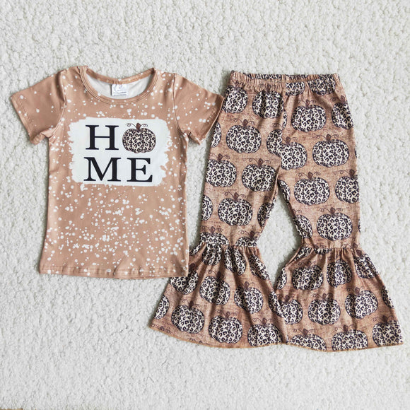 Promotional Home Pumpkin Khaki Girls Short Sleeve+Trousers Sets