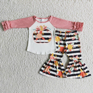 Promotional Stripes Floral Pumpkin Pink Girls Long Sleeve+ Trousers Sets