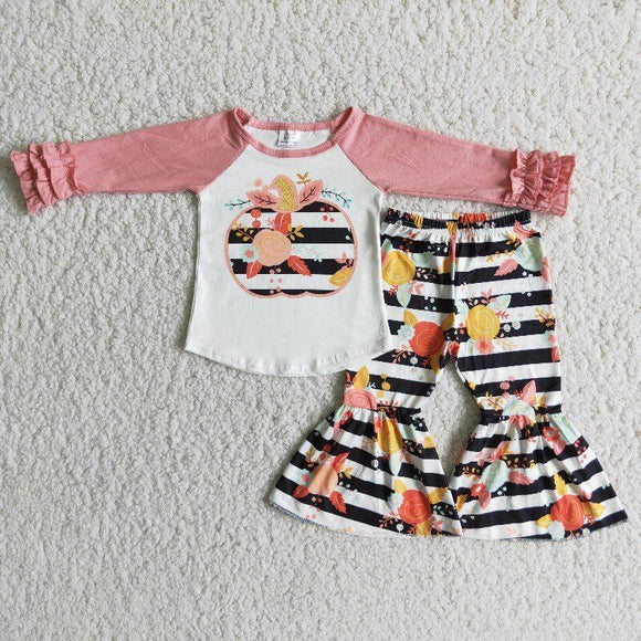 Promotional Stripes Floral Pumpkin Pink Girls Long Sleeve+ Trousers Sets