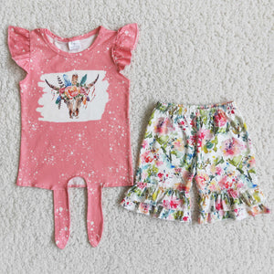 Promotional Cow Floral Pink Girls Shorts Sets