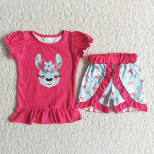 Promotional Alpaca Hot Pink Girls Shorts Sets