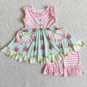Pink Stripe Floral Pockets Girls Shorts Sets