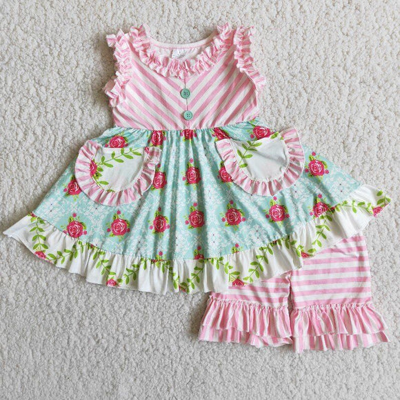 Pink Stripe Floral Pockets Girls Shorts Sets