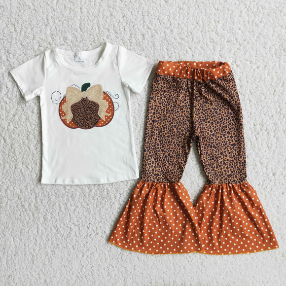 Promotional Leopard Print Pumpkin Brown Girls Short Sleeve+Trousers Sets