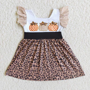 Three Pumpkins Embroidery Girls Flutter Sleeve Dress