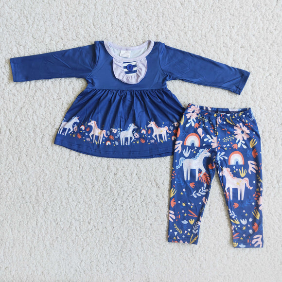 Promotional Unicorns Blue Legging Girls Long Sleeve+Trousers Sets