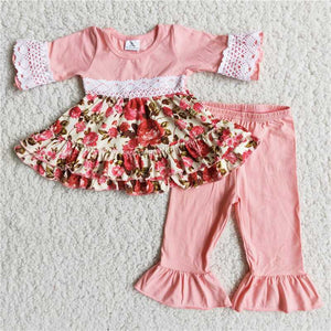 Promotional Lace Floral Pink Ruffles Legging Girls Long Sleeve+Trousers Sets