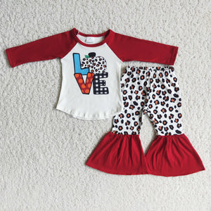 Love Leopard Print Pumpkin Red Girls Long Sleeve+Trousers Sets