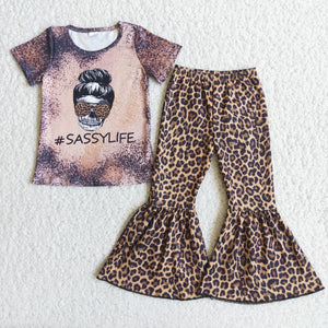 Promotional Sassylife Leopard Print Girls Short Sleeve+Trousers Sets