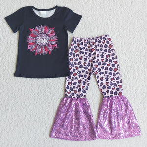 Promotional Sequin Sunflower Girls Short Sleeve+Trousers Sets