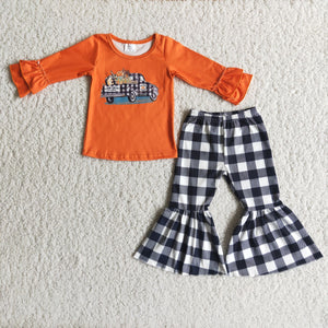 Promotional Plaid Farm Fresh Pumpkin Orange Girls Long Sleeve+ Trousers Sets