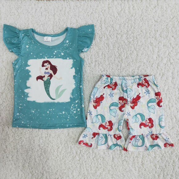 Promotional Green Cartoon Girls Shorts Sets