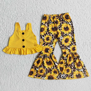 Promotional Yellow Ruffles Sunflower Girls Short Sleeve+Trousers Sets