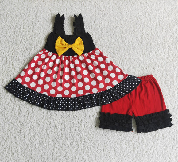 Polka Dots Yellow Bow Black Girls Shorts Sets