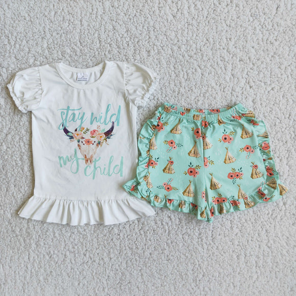 Promotional Cow Floral Stay Wild Girls Shorts Sets