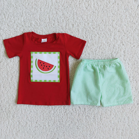 Promotional Watermelon Embroidery Red Boys Shorts Sets