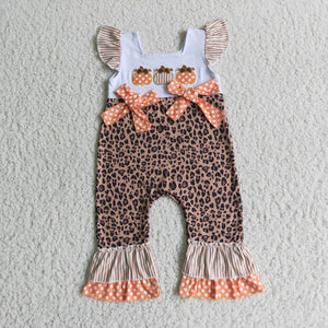 Three Pumpkins Embroidery Girls Fall Romper