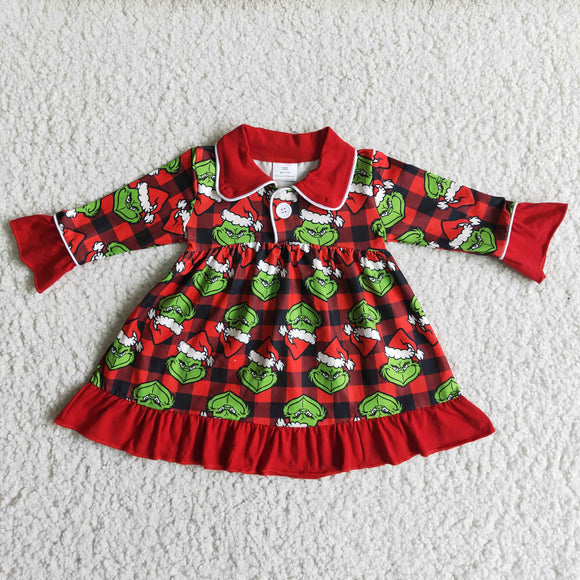 Cartoon Plaid Red Collar Dress Girls Christmas Pajamas