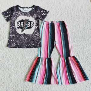 Promotional Babe Stripes Black Girls Short Sleeve+Trousers Sets