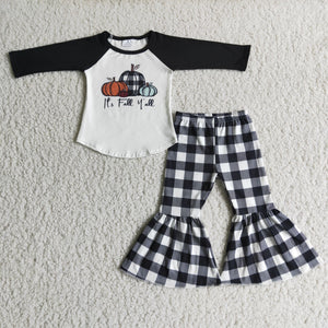 Fall Pumpkin Black White Plaid Girls Long Sleeve+Trousers Sets