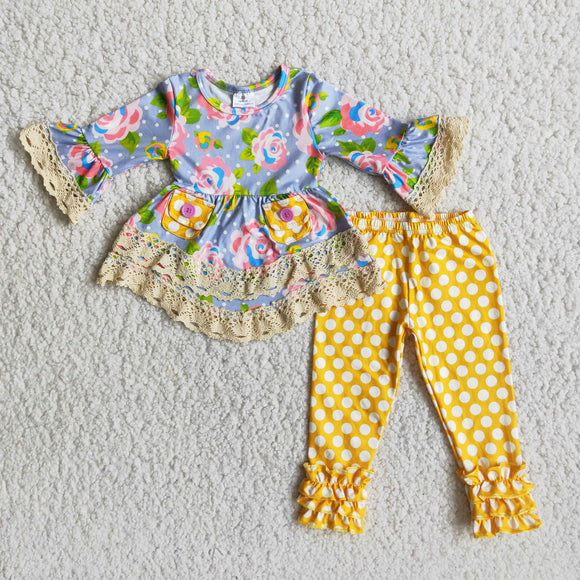 Promotional Floral Lace Yellow Legging Girls Long Sleeve+Trousers Sets