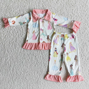 Cartoon Princess Pink Collar Girls Long Sleeve Pajamas