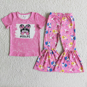 Promotional Cartoon Kidife Pink Girls Short Sleeve+Trousers Sets