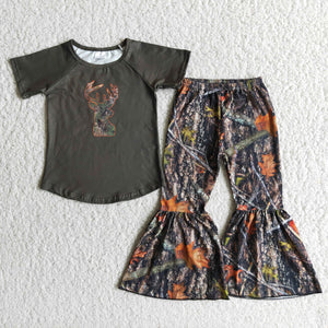 Promotional Jungle Leaves Deer Girls Short Sleeve+Trousers Sets