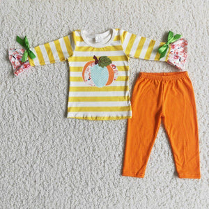 Promotional Pumpkin Yellow Stripes Orange Girls Long Sleeve+Trousers Sets