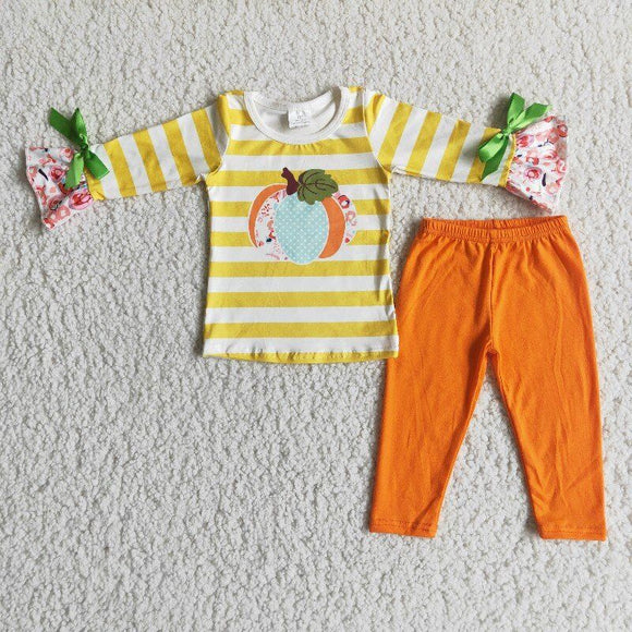 Promotional Pumpkin Yellow Stripes Orange Girls Long Sleeve+Trousers Sets