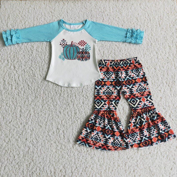 Pumpkin Aztec Sky Blue Girls Long Sleeve+Trousers Sets