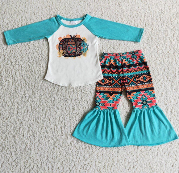 Pumpkin Aztec Sky Blue White Girls Long Sleeve+Trousers Sets