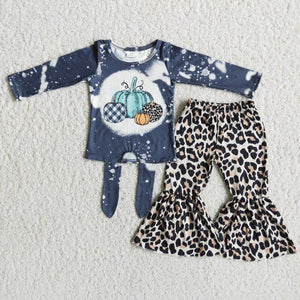 Criss-Cross Leopard Print Pumpkin Blue Girls Long Sleeve+Trousers Sets