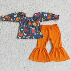 Promotional Pumpkin Navy Orange Girls Long Sleeve+Trousers Sets