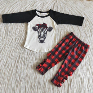 Promotional Cow Plaid Red Black Girls Christmas Outfits