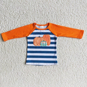 Three Pumpkins Embroidery Blue Stripes Boys Long Sleeve Top