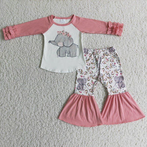 Promotional Floral Elephant Pink Girls Long Sleeve+Trousers Sets