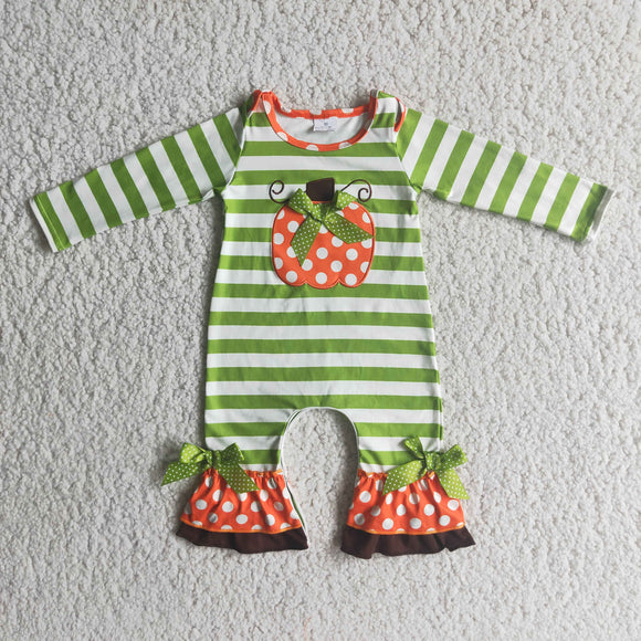 Promotional Polka Dots Orange Pumpkin Embroidery Green Stripe Girls Fall Romper