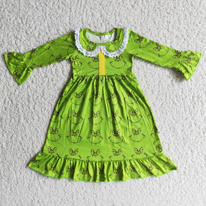 Cartoon Smile Green Collar Lace Dress Girls Christmas Pajamas