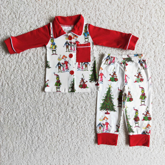 Cartoon Red Collar White Boys Christmas Pajamas with Pocket