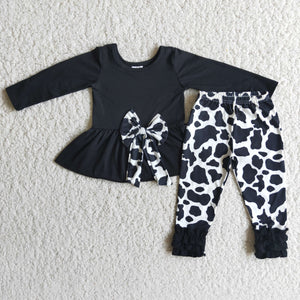 Promotional Cow Print Bow Black Legging Girls Long Sleeve+Trousers Sets