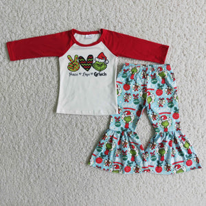 Promotional Cartoon Red Raglan Girls Christmas Outfits